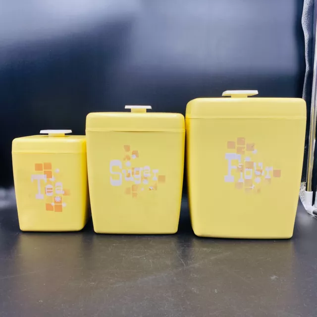 Vintage Lustro Ware 1950s Yellow Canister Set Flour Sugar Tea 3 Piece Nesting