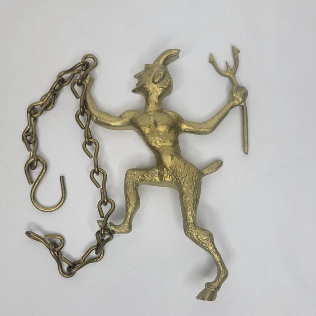 VTG BRASS DEVIL Satan Chimney Fireplace Damper Pull With Chain and Hook