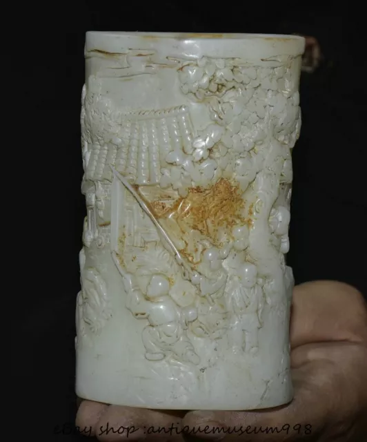 5" Old Chinese White Jade Carving Dynasty Tongzi Brush pot Bottle Vase