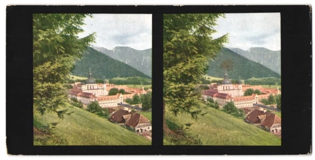 Stereo-Fotografie Fotograf unbekannt, Ansicht Oberammergau, Benediktinerkloster