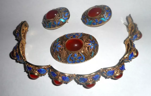 Vintage Chinese 1950’s (?) Silver Enameled 3 Piece Set.