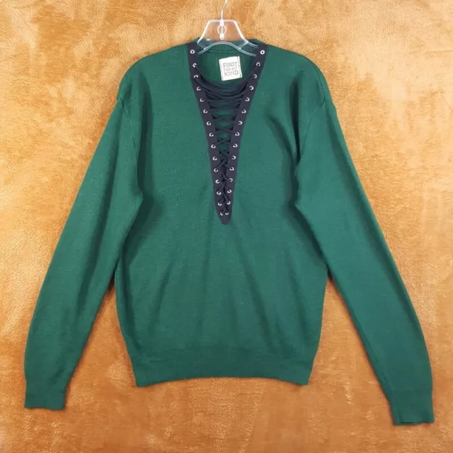 FURST OF A KIND Womens Sweater XL Green Pullover Lace Up VNeck Knit