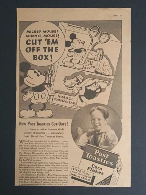 1934 Post Toasties Cereal Mickey Mouse Pluto Walt Disney Cut Outs Magazine Ad