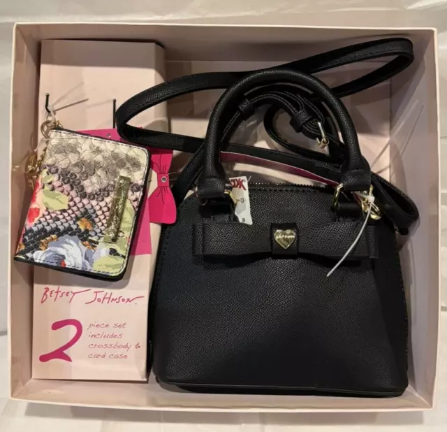 Betsey Johnson Black Crossbody Bag Floral Card Case Keychain 2 Piece Gift Set