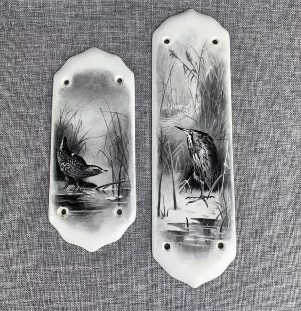 Porcelain Door Push Finger Plates Hand Painted Waterfowl Gray Scale Antique Set