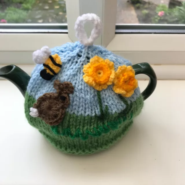 Hand Knitted Rabbit/Daffodil Tea Cosy  For A Small Teapot 1-2 Cup