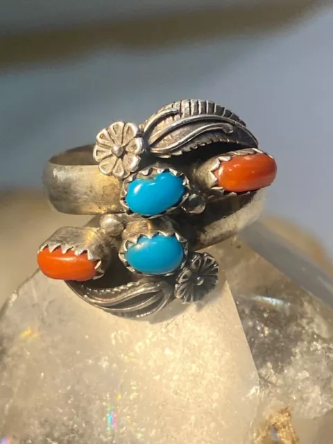 Turquoise ring coral Navajo  southwest sterling silver women girls