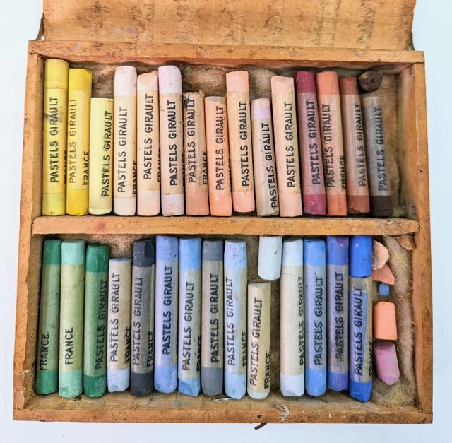 Antique Pastels Girault of France, 29 Colors in Original Wooden Box, VG Cond.