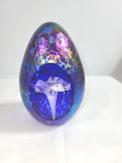 Glass Art Signed Roger Vines Paperweight 91s, Paper Mash Styled Blue Purple