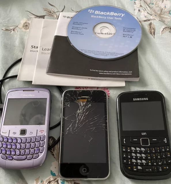 Bundle 3 Old Mobile Phones Black Samsung & iPhone Purple Blackberry Curve VGC
