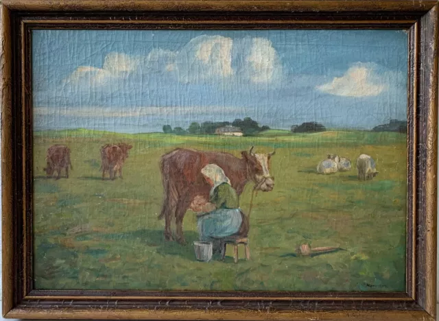 Oil Painting Impressionist Hansen Landscape With Farmer's Wife And Cows Vintage