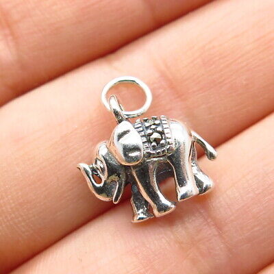 925 Sterling Silver Vintage Real Marcasite Gem Elephant For Good Luck Pendant