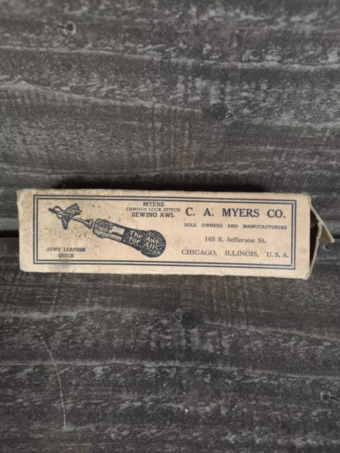 De colección C.A. Myers Co con cerradura de cuero puntada chal de coser agujas originales caja manual