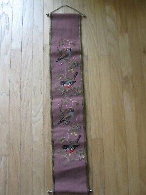 Needlepoint Bell Pull 43" x 6 Wall Hanging Tapestry Pettipoint Birds & VINE