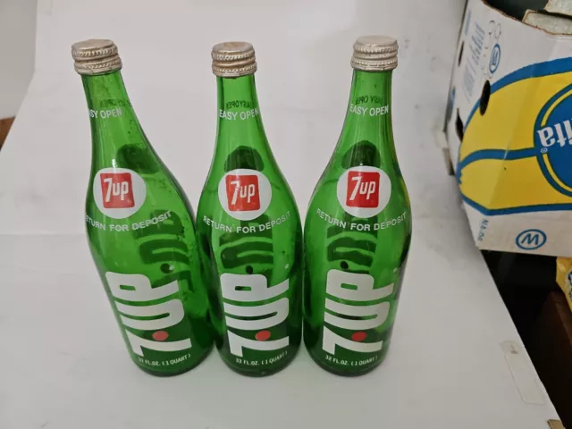Lot Of 3 Vintage 70's 7-Up Green Glass Beverages Soda Pop Bottles 32 oz 1 Quart