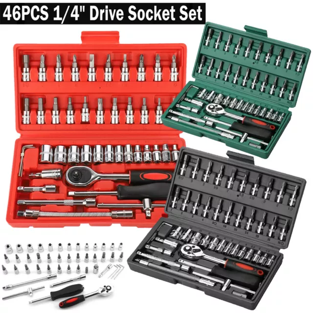 46PC Socket Set 1/4" Drive Metric Ratchet Wrench Spanner Car Repair Tool Kit Box