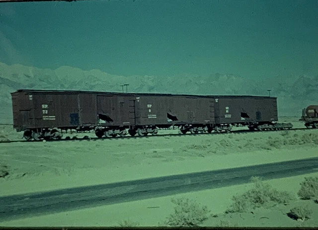 Vtg 35mm Slide Southern Pacific Railroad Train Box Cars Mountain Background Orig