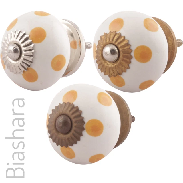 White & Mustard Polka Dot CERAMIC DOOR KNOB Cupboard Handle Cabinet Drawer Pull