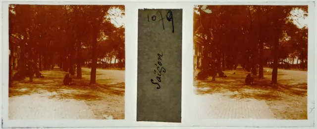 Cochinchine.Vietnam.Saigon.Une allée.Personnage.Stereo verre 45x107mm.Glass.1902