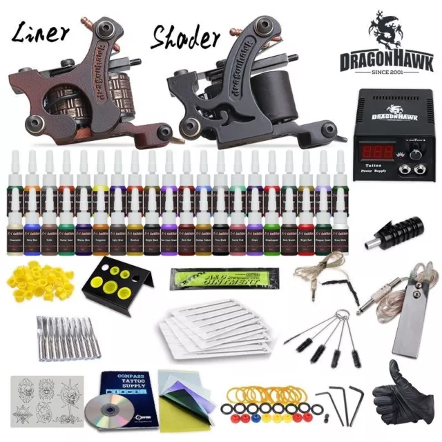 Professional Complete Tattoo Kit 2 Top Machine Gun 40 Color Ink 20 Needles