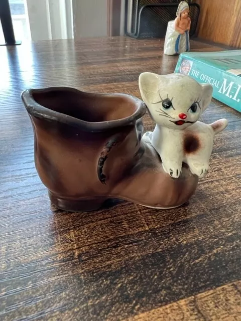 1950s Enesco Siamese Kitten Kitty Cat Boot Ceramic Toothpick Holder/Mini Planter