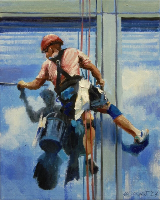 Signed original oil painting 10"x8" stretched canvas "Window Washer & Ropes" Signed original oil painting 10"x8" stretched canvas "Window Washer & Ropes"
