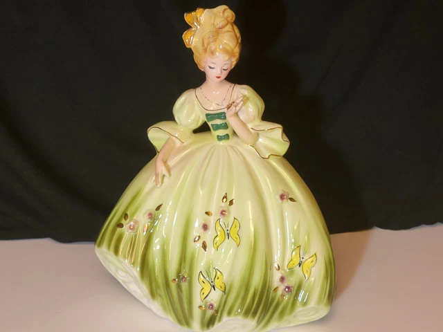 Josef Originals Elegant 6" Lady Figurine Green Dress Butterflies Locket