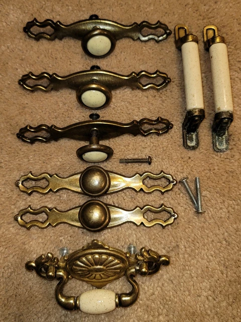 8 Vintage Antique Brass Finish Porcelain Cabinet Knob Pulls Backplate Lot