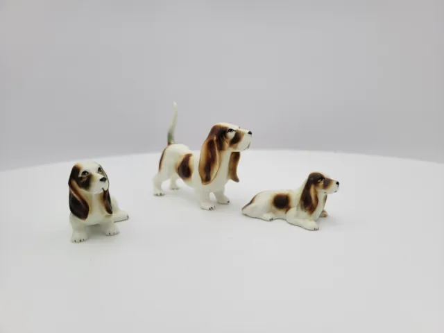 Vintage Set 3 Bone China Miniature Dog Figurines Basset Hound Made Japan Bradley