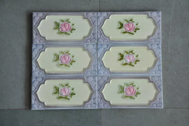 6 Pc Vintage Majolica Decorative Flower Art Nouveau Architecture Tiles,Japan
