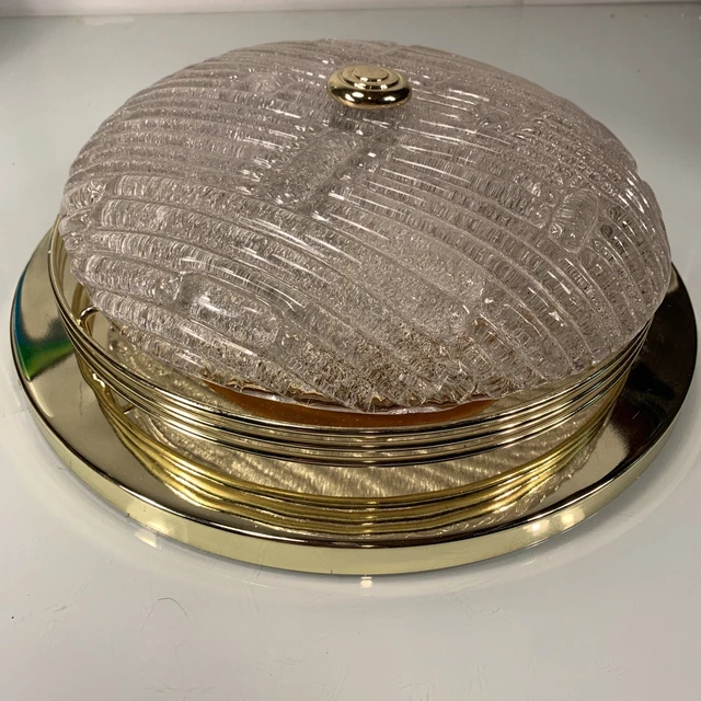 Vtg Flush Mount Ice Glass Quoizel Gold Ceiling Globe Light Fixture 14” Retro