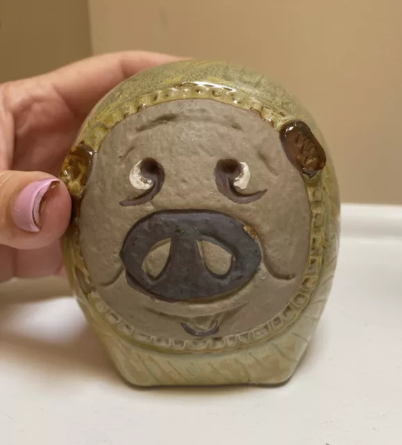 Piggy Bank vintage argile ronde brunâtre céramique peinte à la main art poterie 2