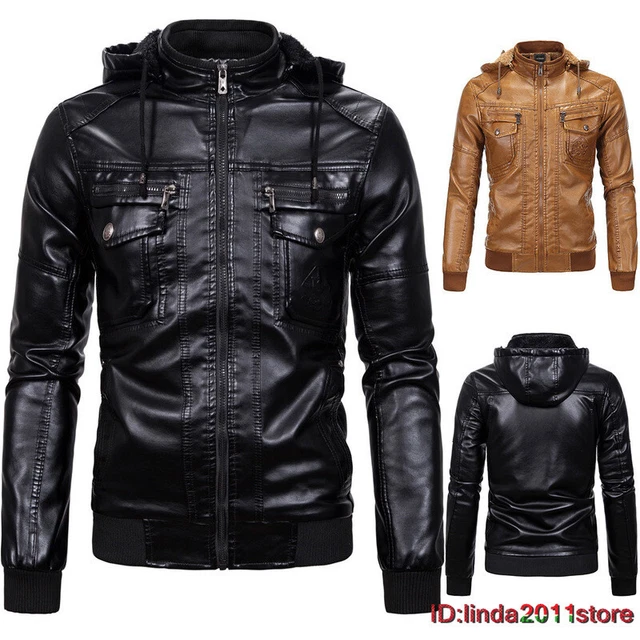 Mens Winter Aviator Hooded Faux Sheepskin Shearling Bomber Flying Leather Jacket