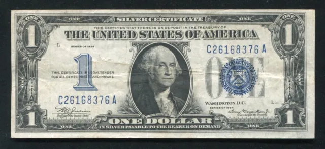 Fr. 1606 1934 $1 One Dollar “Funnyback” Silver Certificate Very Fine