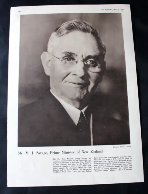 1937 Magazine Print MR. M.J. SAVAGE, PRIME MINISTER OF NEW ZEALAND 12" x 8.5"