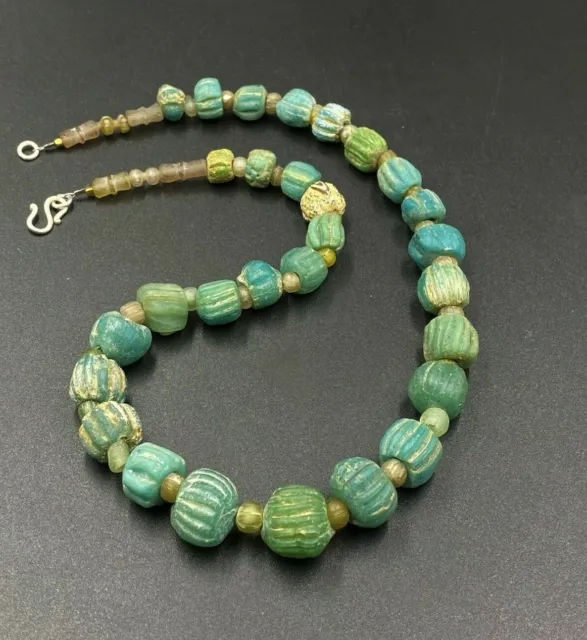 Old Antique Ancient Roman Antiquities Melon Shaped Glass Jewelry Bead Necklace