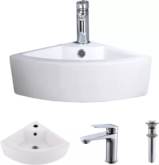 Small Corner Wall Mount Bathroom Sink and Faucet Combo with Overflow White Porce