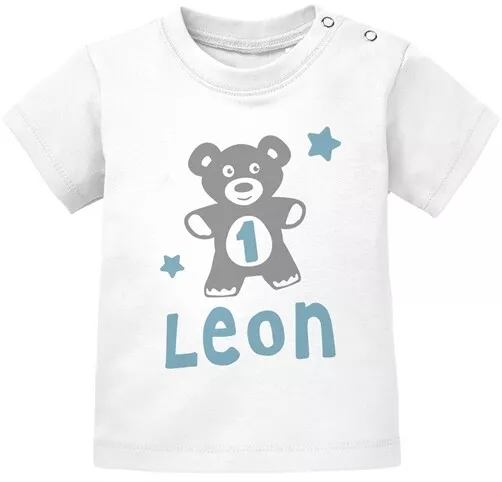 personalisiertes Baby T-Shirt mit Namen und Zahl Geburtstagsshirt Teddy-Bär