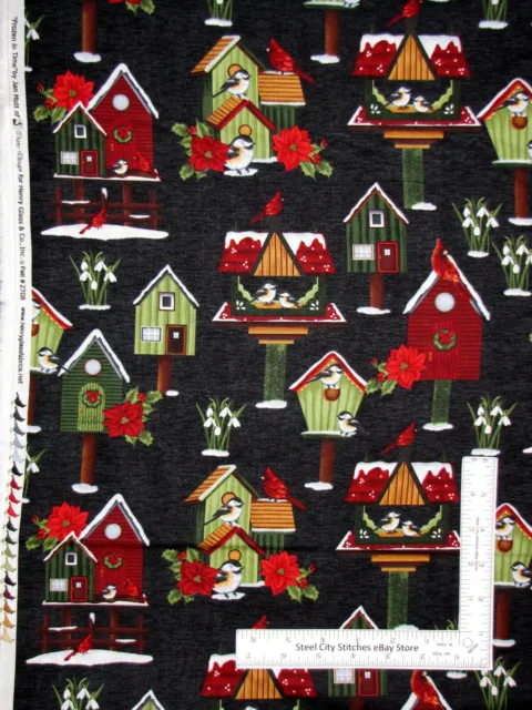 Christmas Fabric Birdhouse Bird Black Frozen in Time Cotton Henry Glass By Yard