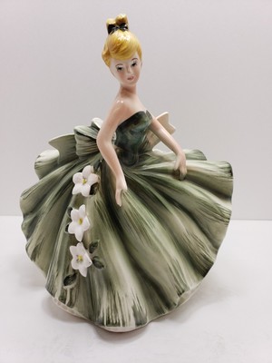 Vintage Lefton Girl in Green Flower Dress with Blonde Hair Planter Figurine 290B
