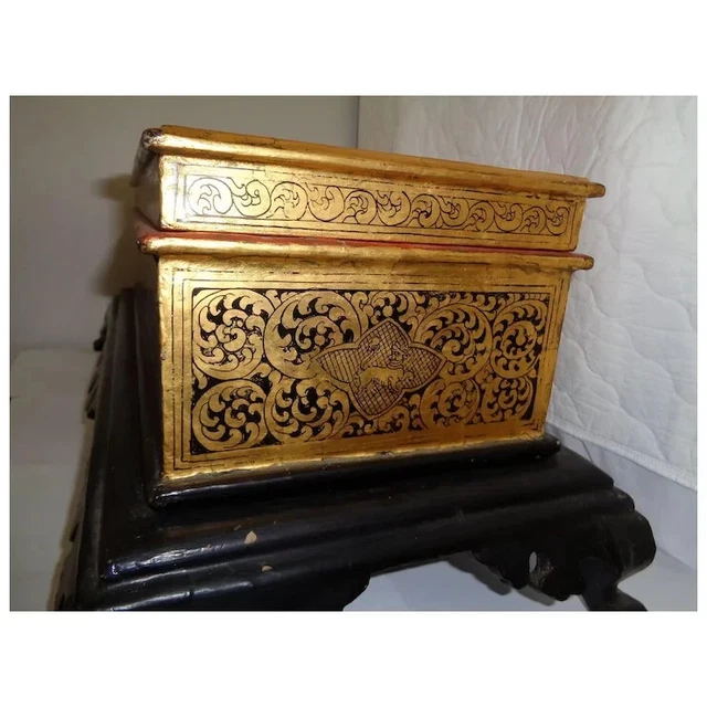 Antique Mandalay-Style Burmese Gilt & Lacquered Manuscript Chest or Box Sadaik 7
