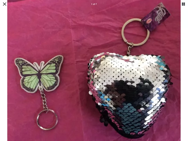 Butterfly Rubber Key Ring & BNWT Large Black Flip Sequinned Heart KeyRing Bundle