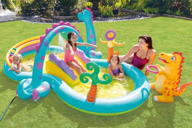 Kiddie Pool Inflatable Backyard Water Park Splash Pad Water Slide Dinosaur Games