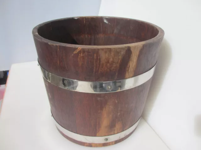 Vintage Wooden Barrel Trough Tub Planter Plant Pot Old Urn Chromed Straps 14.5"W