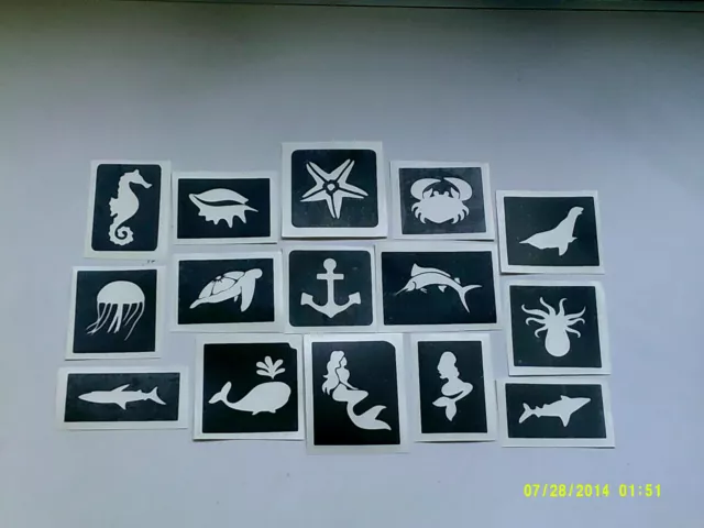 30 x sea themed stencils (mixed) for glitter tattoos / airbrush ocean seahorse