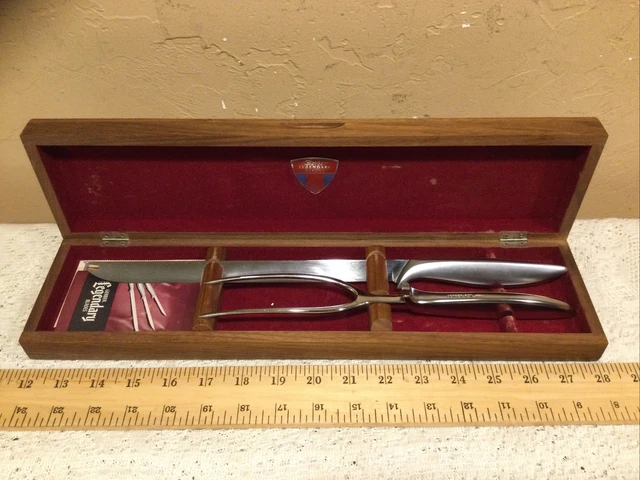 Mid Century Modern Gerber Legendary Blades Knife & Fork Carving Set-Walnut Case