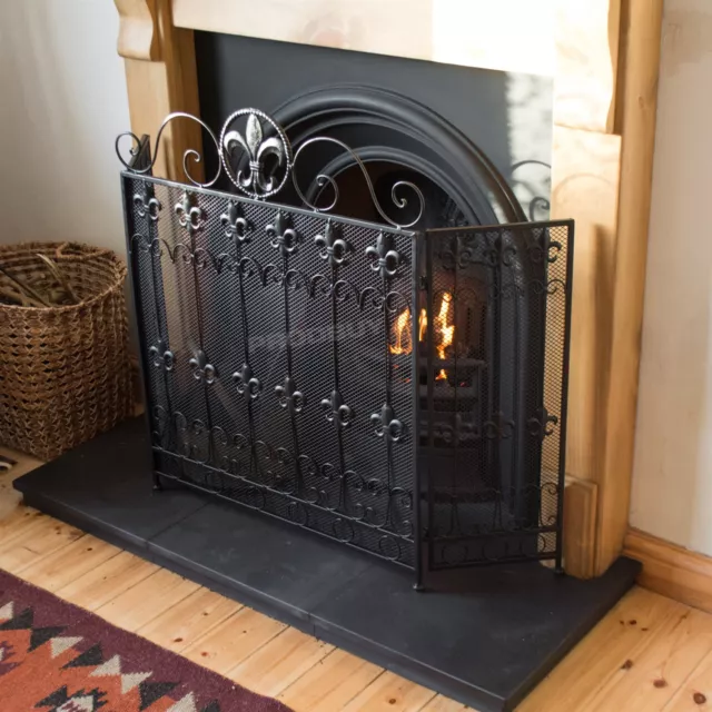 Large Black Cast Iron Fire Screen Vintage Style Fleur-de-Lis Fireplace Guard