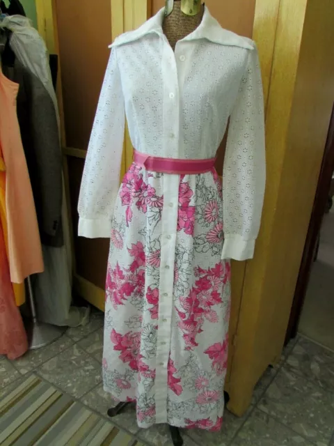 HOT PINK FLORAL & White Eyelet MAXI DRESS 70s Vtg Miss K Alfred Shaheen Hawaii 7