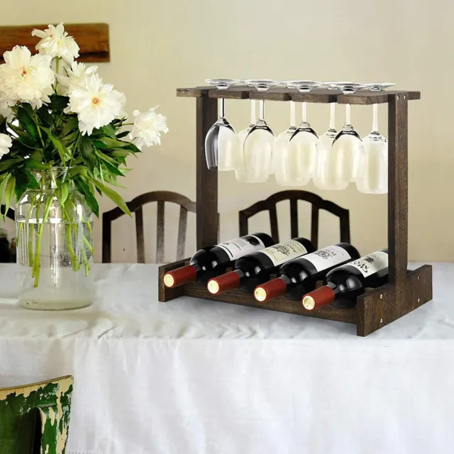 Wine Rack with 8 Glasses Holder Countertop 4 Bottles Wooden Shelf for Cabinets
