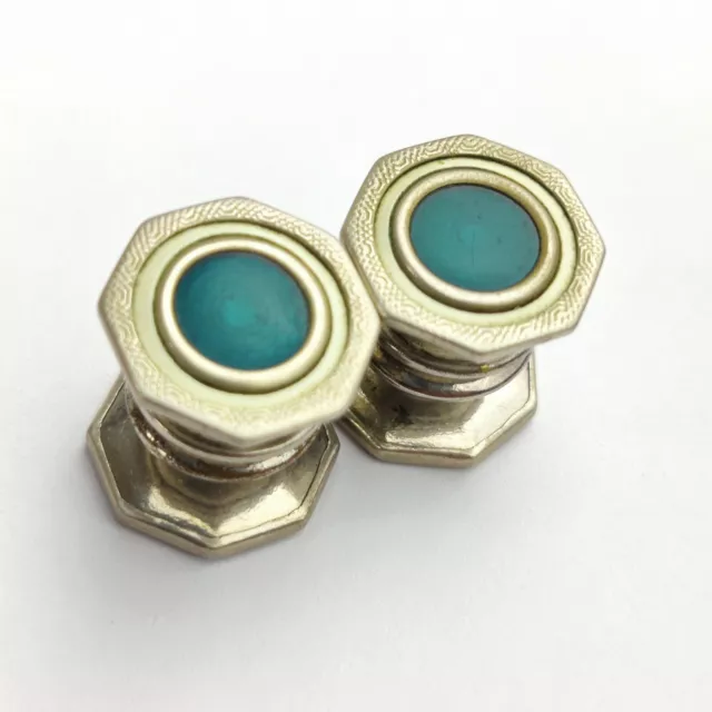 Antique Baer & Wilde Kum-A-Part Art Deco Green Glass Mens Snap Cufflinks 1920s